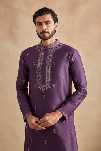 Shop_Kalista_Purple Chanderi Silk Aarsh Embroidered Kurta And Churidar Set _Online_at_Aza_Fashions