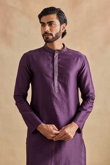 Shop_Kalista_Purple Silk, Chanderi, Viscose Aarush Kurta Set With Tonal Dupatta _Online_at_Aza_Fashions