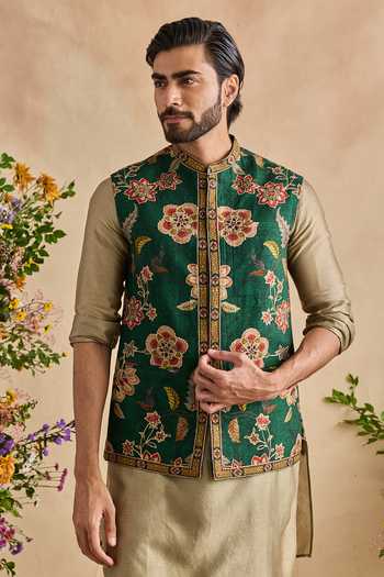 Kalista Green Silk, Chanderi, Viscose Embroidery Ravik Floral Pattern Bundi Kurta Set Online at Aza Fashions Kalista_Green Silk, Chanderi, Viscose Embroidery Ravik Floral Pattern Bundi Kurta Set _Online_at_Aza_Fashions