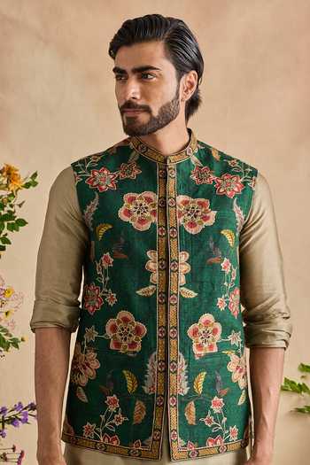 Buy Kalista Green Silk, Chanderi, Viscose Embroidery Ravik Floral Pattern Bundi Kurta Set Online at Aza Fashions Buy_Kalista_Green Silk, Chanderi, Viscose Embroidery Ravik Floral Pattern Bundi Kurta Set _Online_at_Aza_Fashions