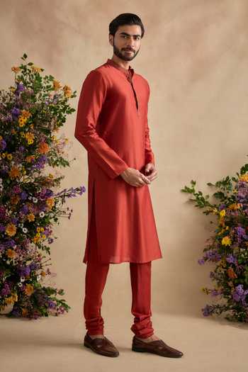 Shop_Kalista_Red Chanderi, Viscose Aarush Plain Kurta Set With Dupatta _Online_at_Aza_Fashions