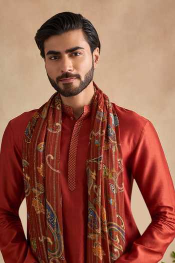 Shop_Kalista_Red Chanderi, Viscose Aarush Plain Kurta Set With Dupatta 