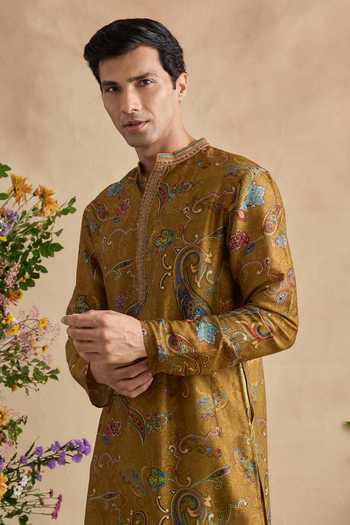 Shop Kalista Green Silk, Chanderi, Viscose Aadhyan Print Kurta And Churidar Set Online at Aza Fashions Shop_Kalista_Green Silk, Chanderi, Viscose Aadhyan Print Kurta And Churidar Set _Online_at_Aza_Fashions