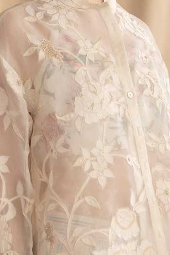 Dried Flowers_Ivory Silk, Organza, Chanderi Collared Neck Applique Hand Embroidered Shirt _at_Aza_Fashions