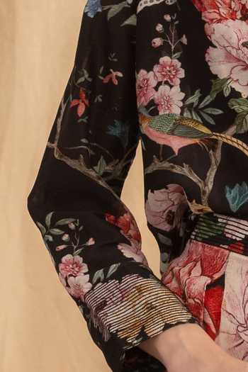 Dried Flowers_Black Silk, Chanderi Collared Neck Floral Garden Print Shirt _Online_at_Aza_Fashions