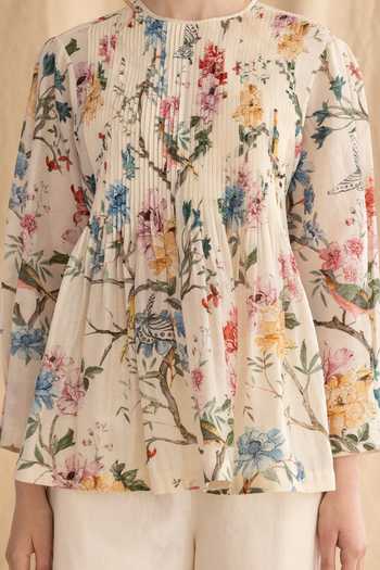 Dried Flowers_Ivory Silk, Chanderi Round Neck Floral Print Shirt _Online_at_Aza_Fashions