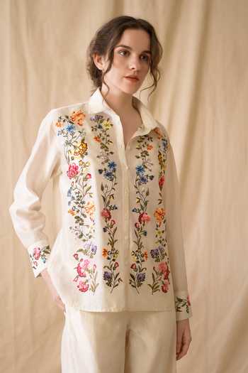Dried Flowers Silk Chanderi Floral Pattern Shirt 