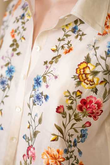 Shop Dried Flowers Ivory Silk, Chanderi Collared Neck Floral Pattern Shirt Online at Aza Fashions Shop_Dried Flowers_Ivory Silk, Chanderi Collared Neck Floral Pattern Shirt _Online_at_Aza_Fashions