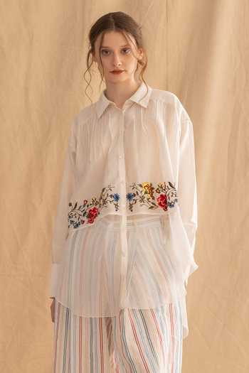 Dried Flowers Floral Embroidered Silk Chanderi Silk Organza Shirt 