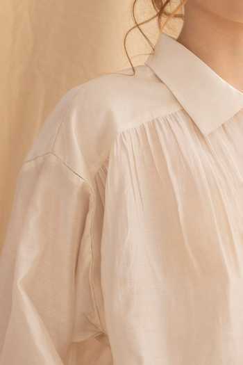 Buy_Dried Flowers_Ivory , Chanderi, Organza Collared Neck Floral Embroidered Shirt _Online_at_Aza_Fashions