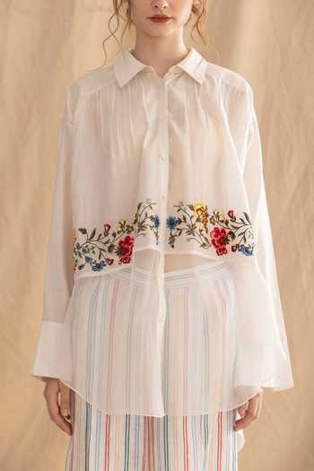 Shop_Dried Flowers_Ivory , Chanderi, Organza Collared Neck Floral Embroidered Shirt _Online_at_Aza_Fashions