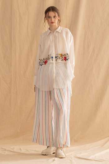 Dried Flowers_Ivory , Chanderi, Organza Collared Neck Floral Embroidered Shirt _at_Aza_Fashions