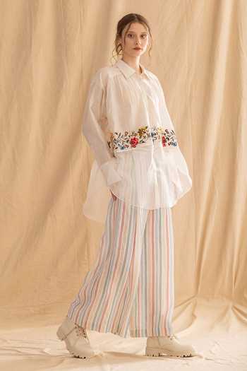 Buy_Dried Flowers_Ivory , Chanderi, Organza Collared Neck Floral Embroidered Shirt 