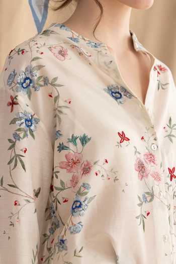 Buy_Dried Flowers_Ivory Silk, Chanderi Mandarin Collar Ditsy Floral Print Shirt _Online_at_Aza_Fashions