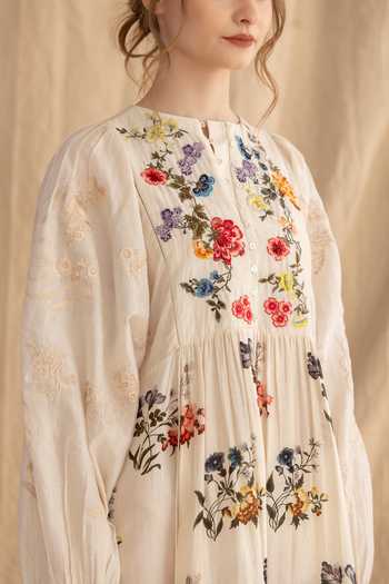 Buy_Dried Flowers_Ivory Silk, Chanderi Round Neck Embroidered Floral Dress _Online_at_Aza_Fashions