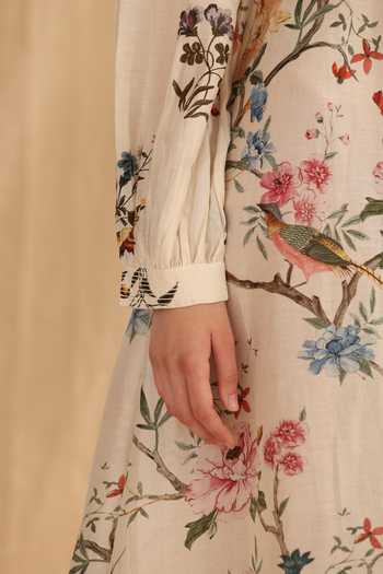 Dried Flowers_Ivory Silk, Chanderi V-neck Floral Print Dress _Online_at_Aza_Fashions