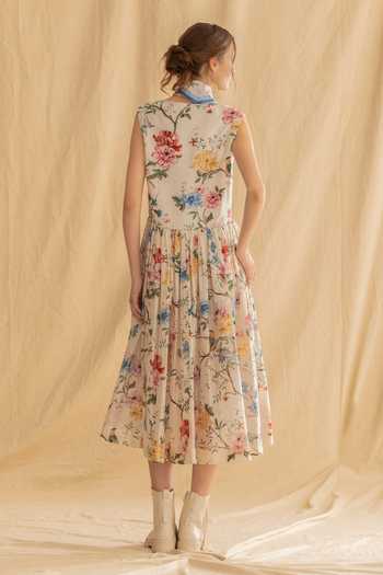 Dried Flowers Floral Print Silk Chanderi Dress 
