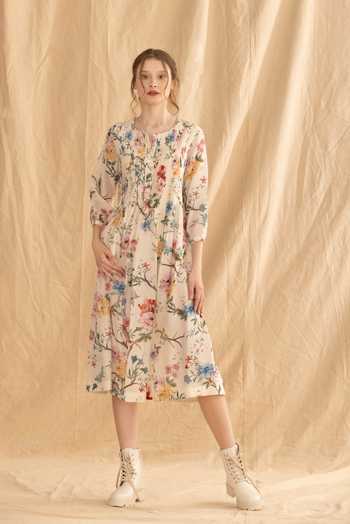 Dried Flowers Floral Print Silk Chanderi Dress 