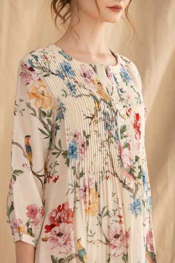 Buy_Dried Flowers_Ivory Silk, Chanderi Round Neck Floral Print Dress _Online_at_Aza_Fashions