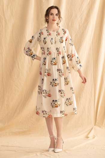 Dried Flowers Floret Print Silk Chanderi Dress 