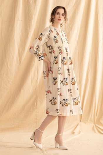 Dried Flowers Ivory Silk, Chanderi Round Neck Floret Print Dress Online at Aza Fashions Dried Flowers_Ivory Silk, Chanderi Round Neck Floret Print Dress _Online_at_Aza_Fashions