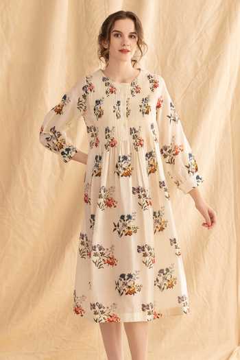 Buy Dried Flowers Ivory Silk, Chanderi Round Neck Floret Print Dress Online at Aza Fashions Buy_Dried Flowers_Ivory Silk, Chanderi Round Neck Floret Print Dress _Online_at_Aza_Fashions
