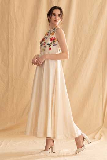 Dried Flowers Ivory Silk, Cotton, Chanderi Boat Neck Embroidered Midi Dress Online at Aza Fashions Dried Flowers_Ivory Silk, Cotton, Chanderi Boat Neck Embroidered Midi Dress _Online_at_Aza_Fashions