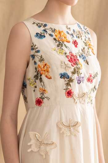 Shop_Dried Flowers_Ivory Silk, Cotton, Chanderi Boat Neck Embroidered Midi Dress _Online_at_Aza_Fashions