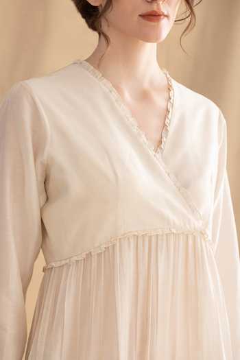 Buy_Dried Flowers_Ivory Silk, Chanderi V-neck Tiered Maxi Dress _Online_at_Aza_Fashions