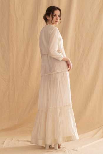 Dried Flowers Silk Chanderi Tiered Maxi Dress  