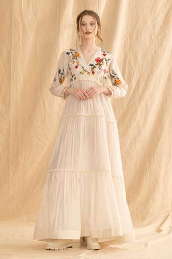 Dried Flowers Embroidered Silk Chanderi Tiered Maxi Dress  
