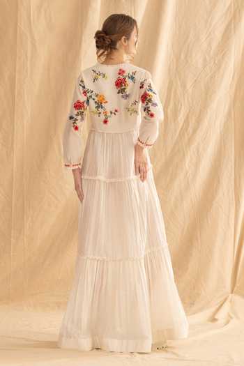 Dried Flowers Embroidered Silk Chanderi Tiered Maxi Dress  