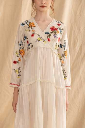 Buy_Dried Flowers_Ivory Silk, Chanderi V-neck Embroidered Tiered Maxi Dress _Online_at_Aza_Fashions