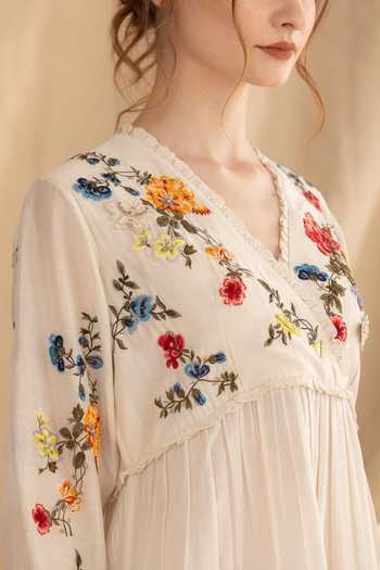 Shop_Dried Flowers_Ivory Silk, Chanderi V-neck Embroidered Tiered Maxi Dress _Online_at_Aza_Fashions