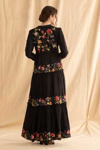 Dried Flowers Embroidered Silk Chanderi Maxi Dress 