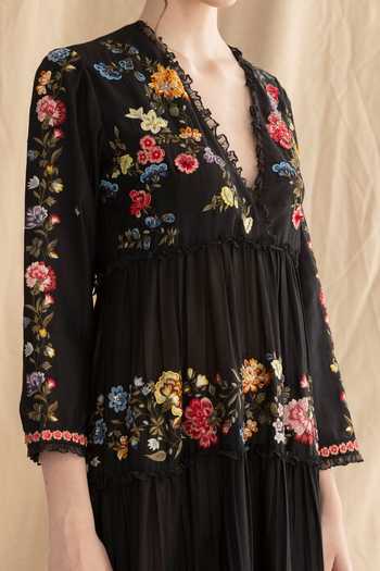 Buy_Dried Flowers_Black Silk, Cotton, Chanderi V-neck Embroidered Maxi Dress _Online_at_Aza_Fashions