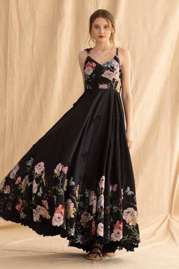 Shop Dried Flowers Black Silk, Chanderi V-neck 3d Hand Embroidered Dress Online at Aza Fashions Shop_Dried Flowers_Black Silk, Chanderi V-neck 3d Hand Embroidered Dress _Online_at_Aza_Fashions