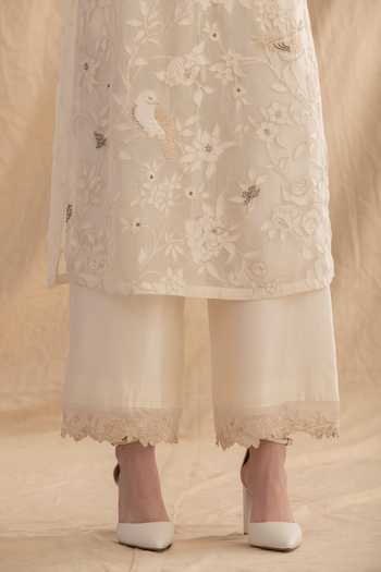 Buy_Dried Flowers_Ivory Silk Organza, Chanderi High Neck Floral Applique Kurta Set _Online_at_Aza_Fashions