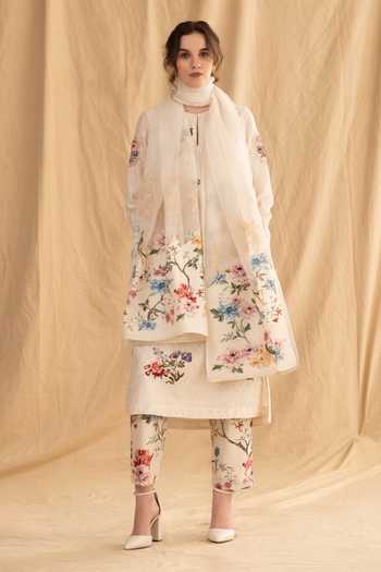 Dried Flowers Floral Print Silk Chanderi Kurta Set 