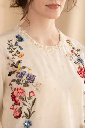 Buy_Dried Flowers_Ivory , Chanderi, Organza Round Neck Embroidered Kurta Set _Online_at_Aza_Fashions