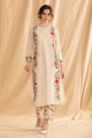 Shop_Dried Flowers_Ivory , Chanderi, Organza Round Neck Embroidered Kurta Set _Online_at_Aza_Fashions