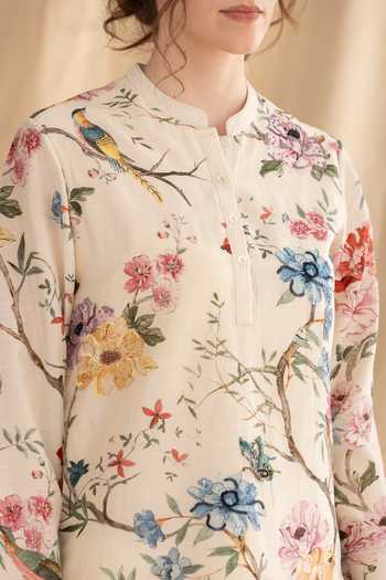Shop_Dried Flowers_Ivory , Cotton, Chanderi, Organza Mandarin Floral Pattern Kurta Set _Online_at_Aza_Fashions