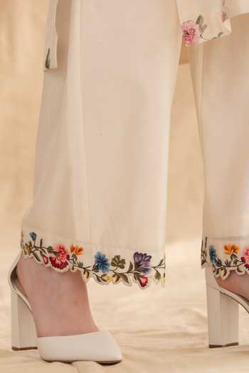 Buy_Dried Flowers_Ivory Silk, Chanderi Round Neck Ditsy Print Kurta And Trouser Set _Online_at_Aza_Fashions