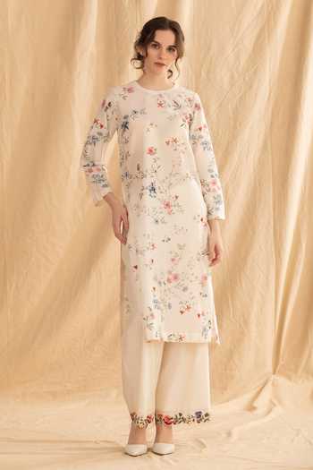 Dried Flowers Ditsy Print Silk Chanderi Kurta & Trouser Set 