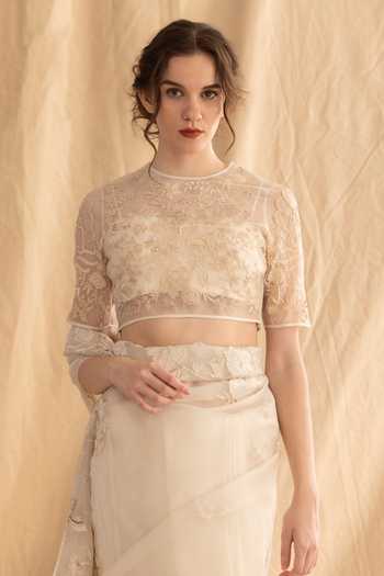 Dried Flowers_Ivory Silk Organza, Chanderi Round Neck Tonal Embroidered Saree Set _Online_at_Aza_Fashions