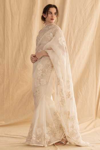 Buy_Dried Flowers_Ivory Silk Organza, Chanderi Round Neck Tonal Embroidered Saree Set _Online_at_Aza_Fashions