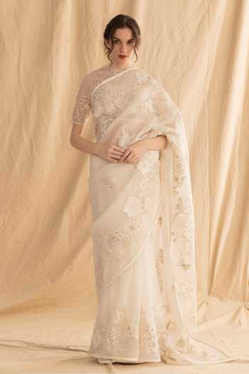 Dried Flowers Tonal Embroidered Saree Set 