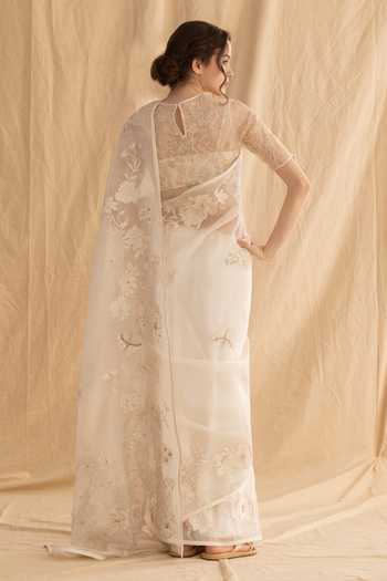 Dried Flowers Tonal Embroidered Saree Set 