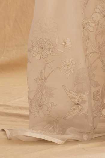 Dried Flowers_Ivory Silk Organza, Chanderi Round Neck Tonal Embroidered Saree Set _at_Aza_Fashions