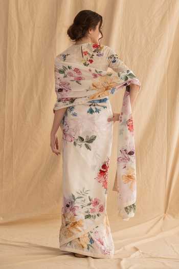 Dried Flowers Floral Garden Pattern Saree With Blouse 